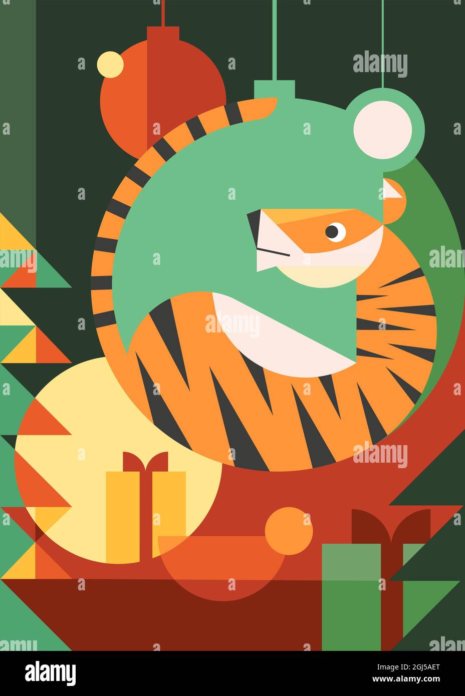 Anno del poster Tiger. Design cartolina vacanza in stile piatto. Illustrazione Vettoriale
