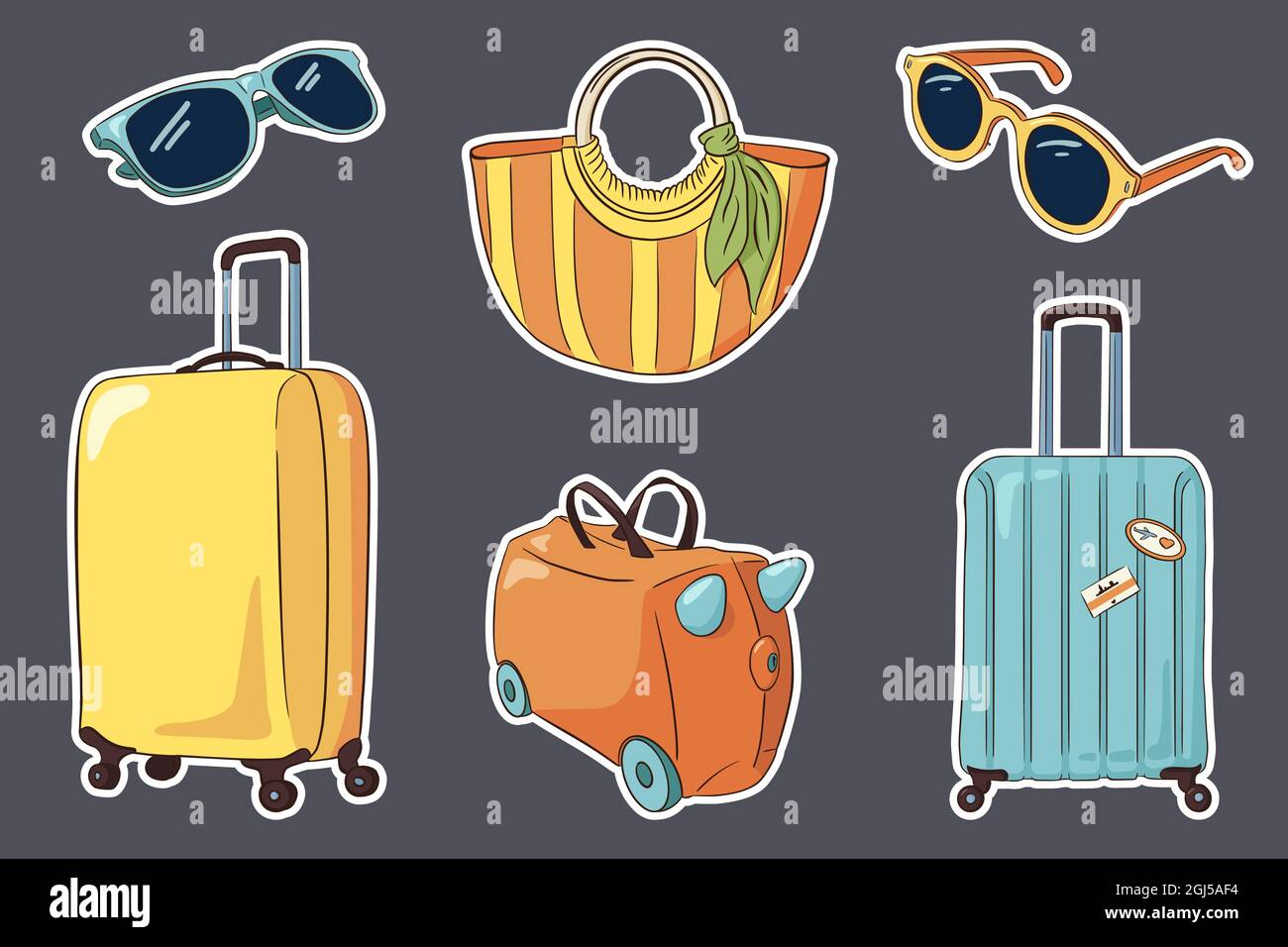 Set di adesivi da viaggio per bagagli a mano. Valigie, valigia bambino,  borsa a righe donna, occhiali da sole. Collezione di attributi vettoriali  per il turismo set per logo, adesivi, stampe, label