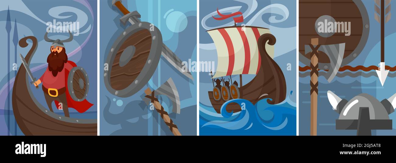 Collezione di poster vichinghi. Cartellone scandinavo in stile cartoon. Illustrazione Vettoriale