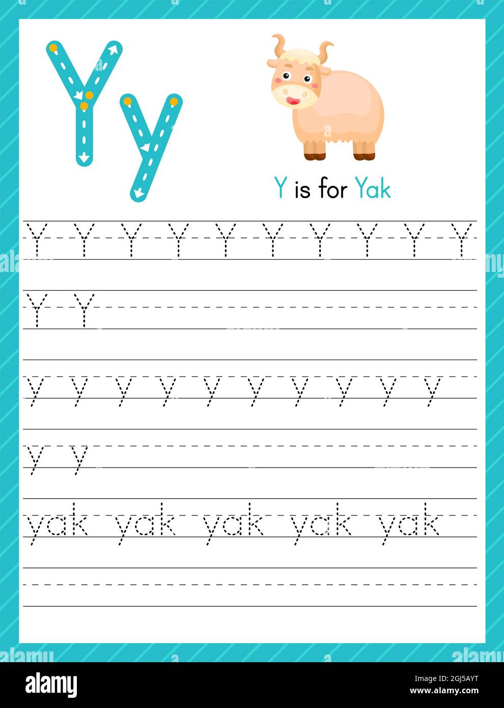 Traccia lettera Y maiuscola e minuscola. Foglio di lavoro di pratica di calcolo dell'alfabeto per i bambini che imparano l'inglese con animale carino dei cartoni animati. Pag. Attività Illustrazione Vettoriale