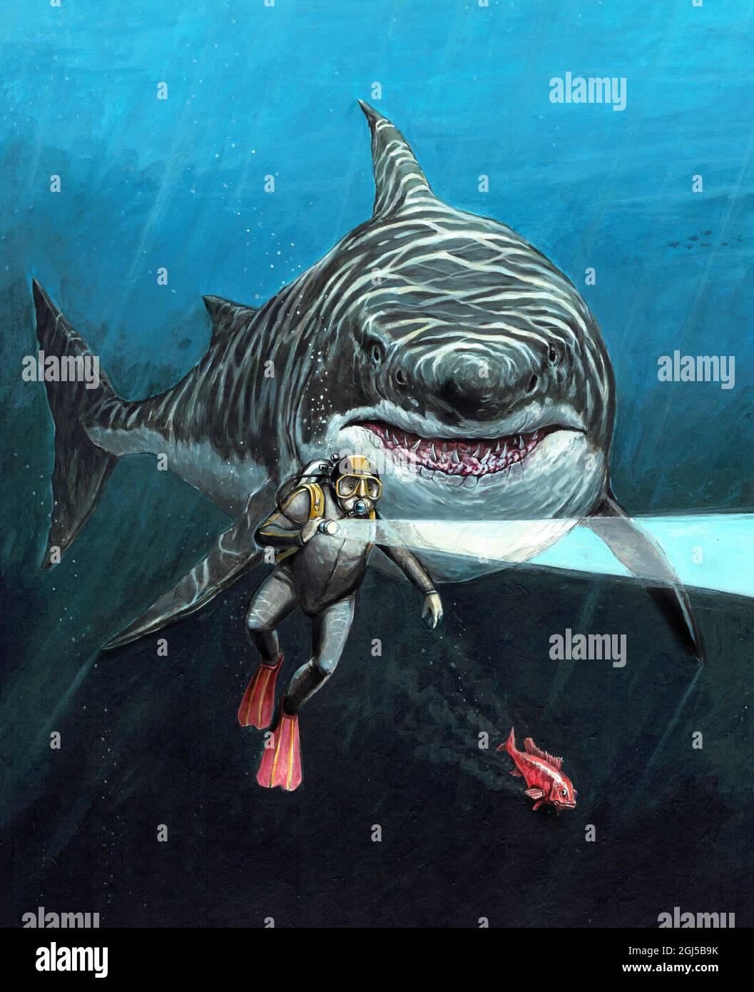 Attacco di squalo. Squalo gigantesco a caccia del subacqueo. Illustrazione. Foto Stock