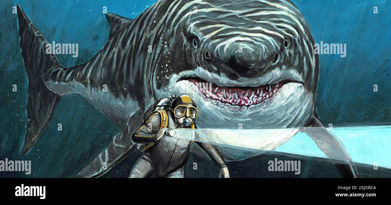 Attacco di squalo. Squalo gigantesco a caccia del subacqueo. Illustrazione. Foto Stock