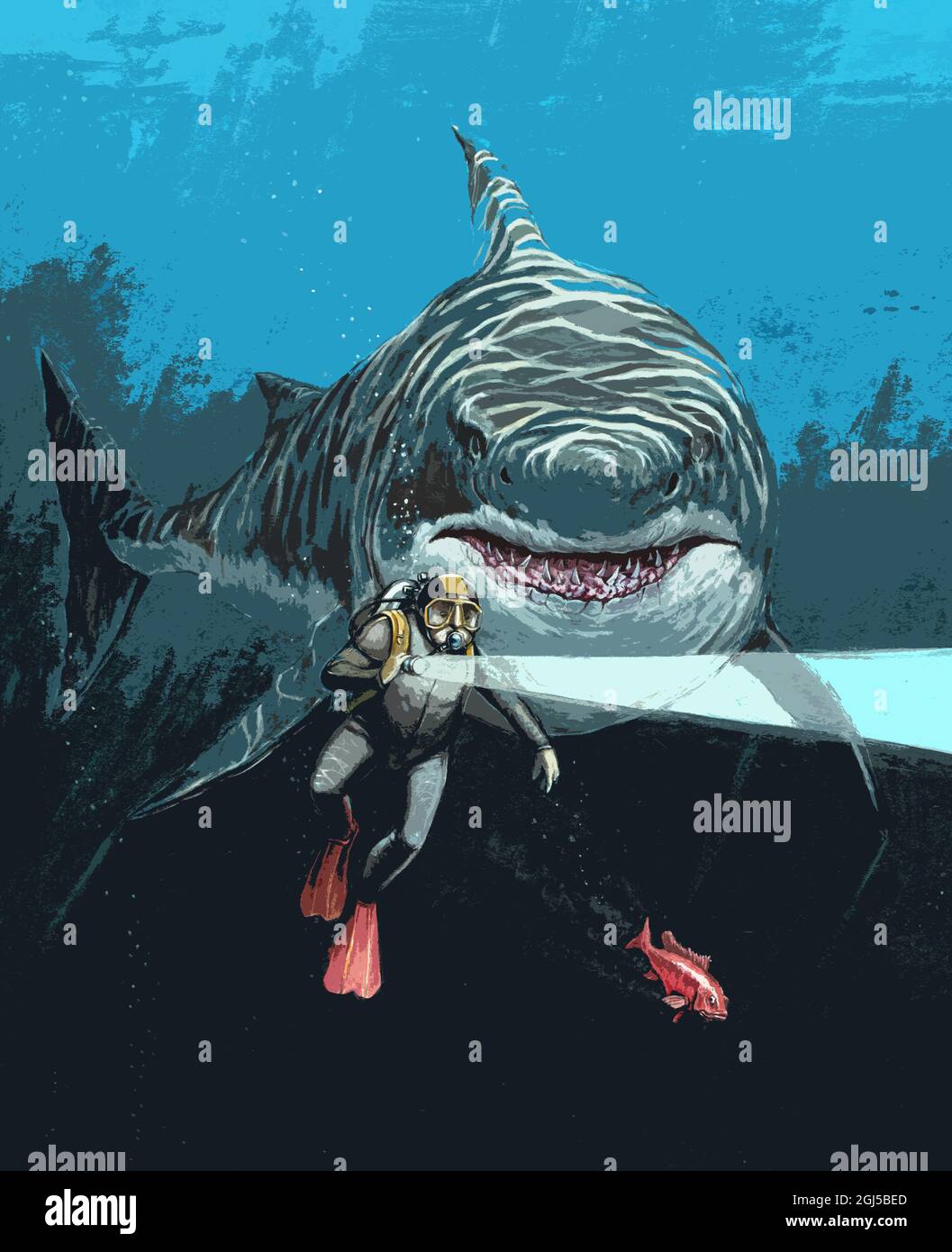 Attacco di squalo. Squalo gigantesco a caccia del subacqueo. Illustrazione. Foto Stock