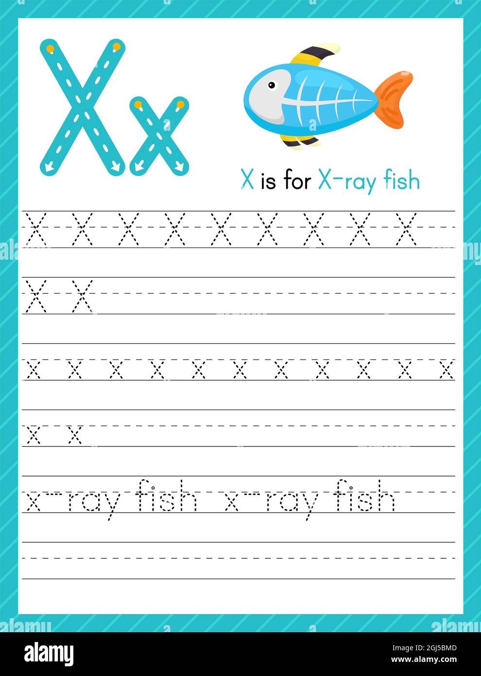 Traccia la lettera X maiuscola e minuscola. Foglio di lavoro di pratica di  calcolo dell'alfabeto per i bambini che imparano l'inglese con animale  carino dei cartoni animati. Pag. Attività Immagine e Vettoriale -