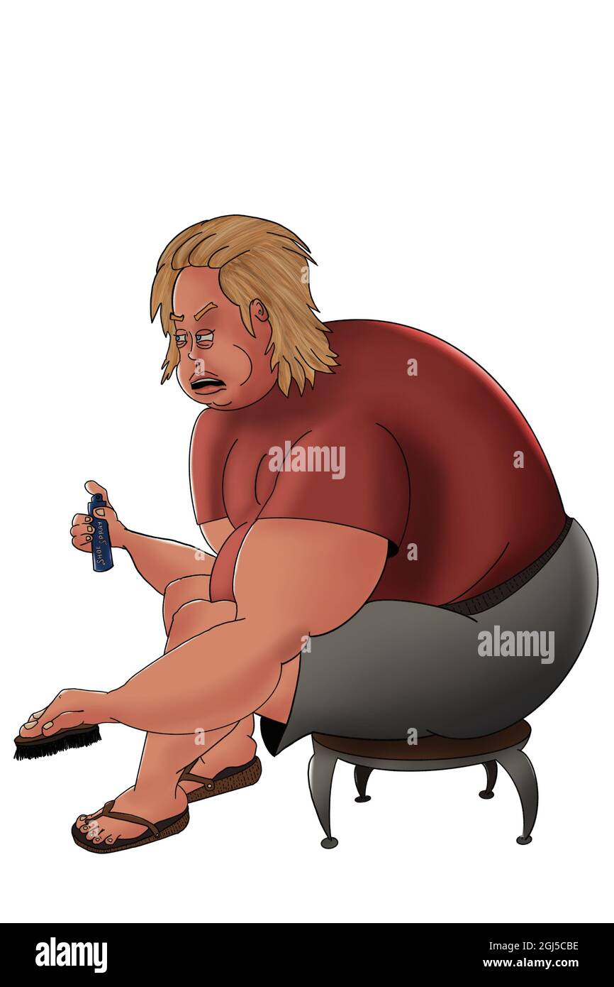 un calzolone biondo obeso seduto su un piccolo sgabello Foto Stock