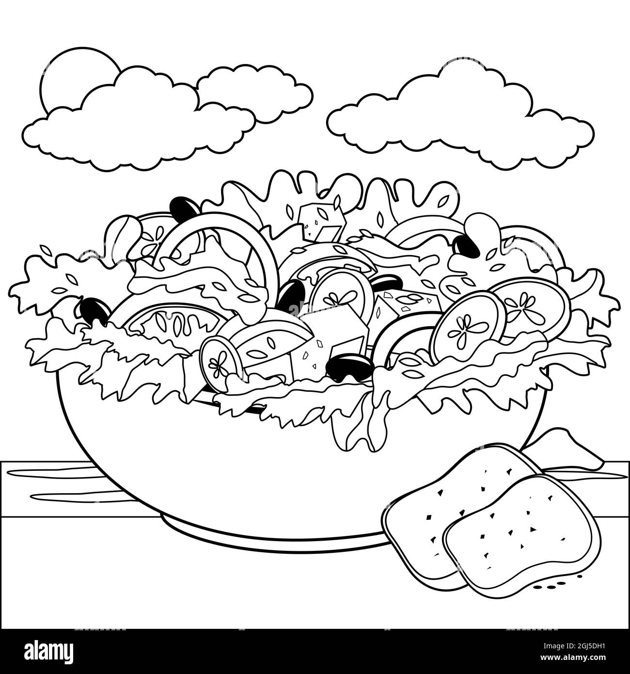 Una deliziosa ciotola di insalata in un tavolo vicino al mare. Insalata greca nelle vacanze estive dell'isola. Pagina da colorare in bianco e nero. Foto Stock