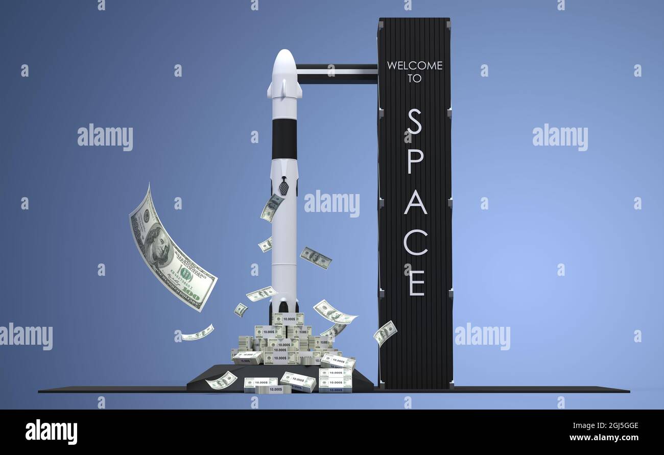 Prezzo del biglietto per spazio, illustrazione con razzo e banconote - 3D rendering Foto Stock