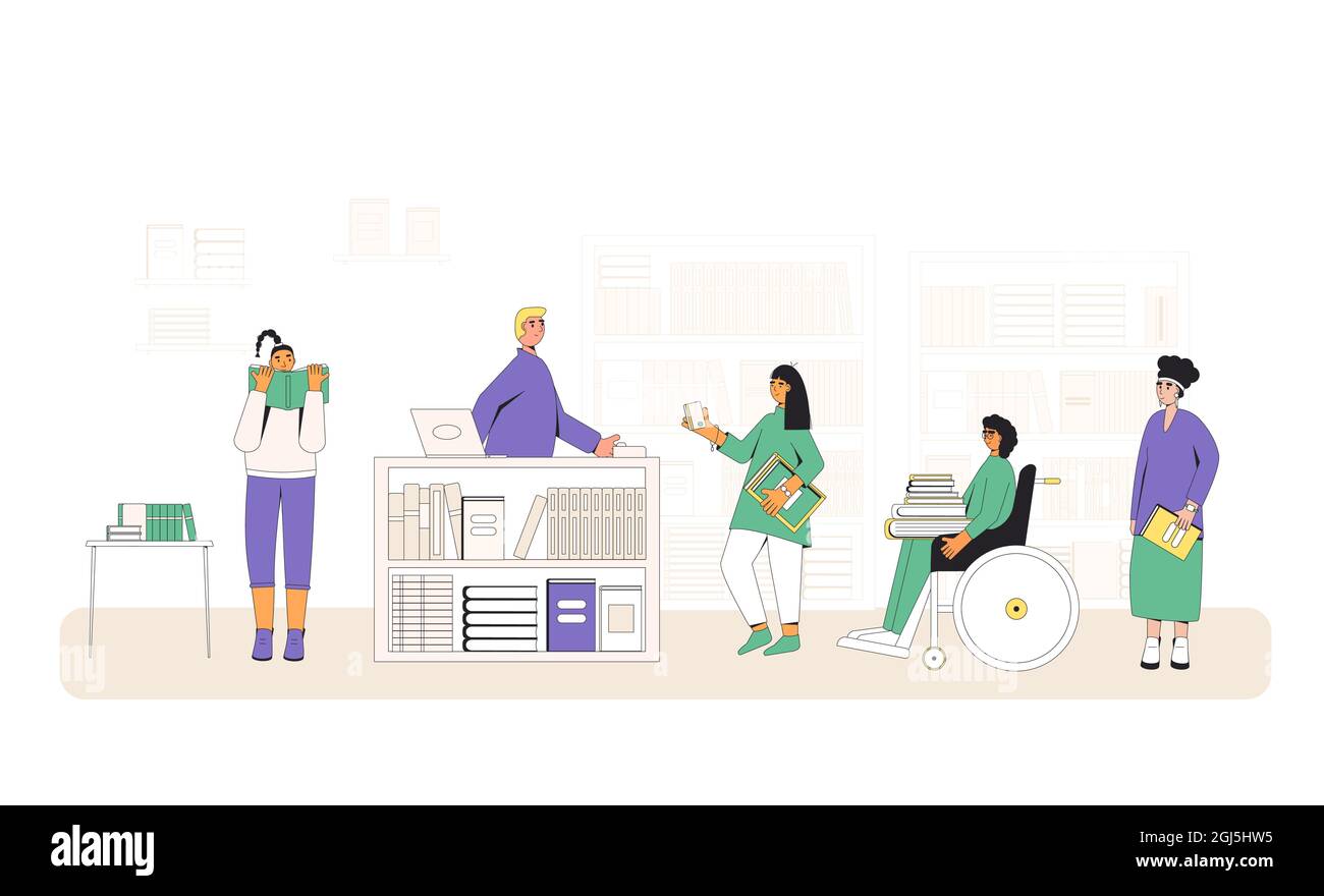Libreria. La gente in una libreria che compra un romanzi, nonfiction, illustrazione scientifica di literature.Vector. Illustrazione Vettoriale