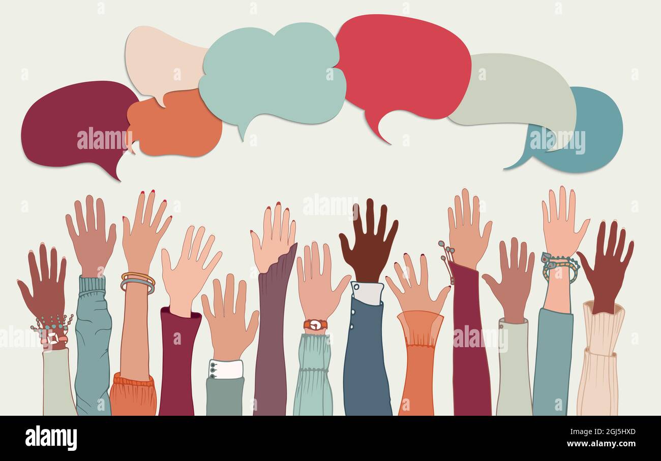 Accordo relazione tra un gruppo di colleghi o collaboratori.Diversity persone collaboratori che collaborano.sollevato armi e mani con bolla di parola Illustrazione Vettoriale
