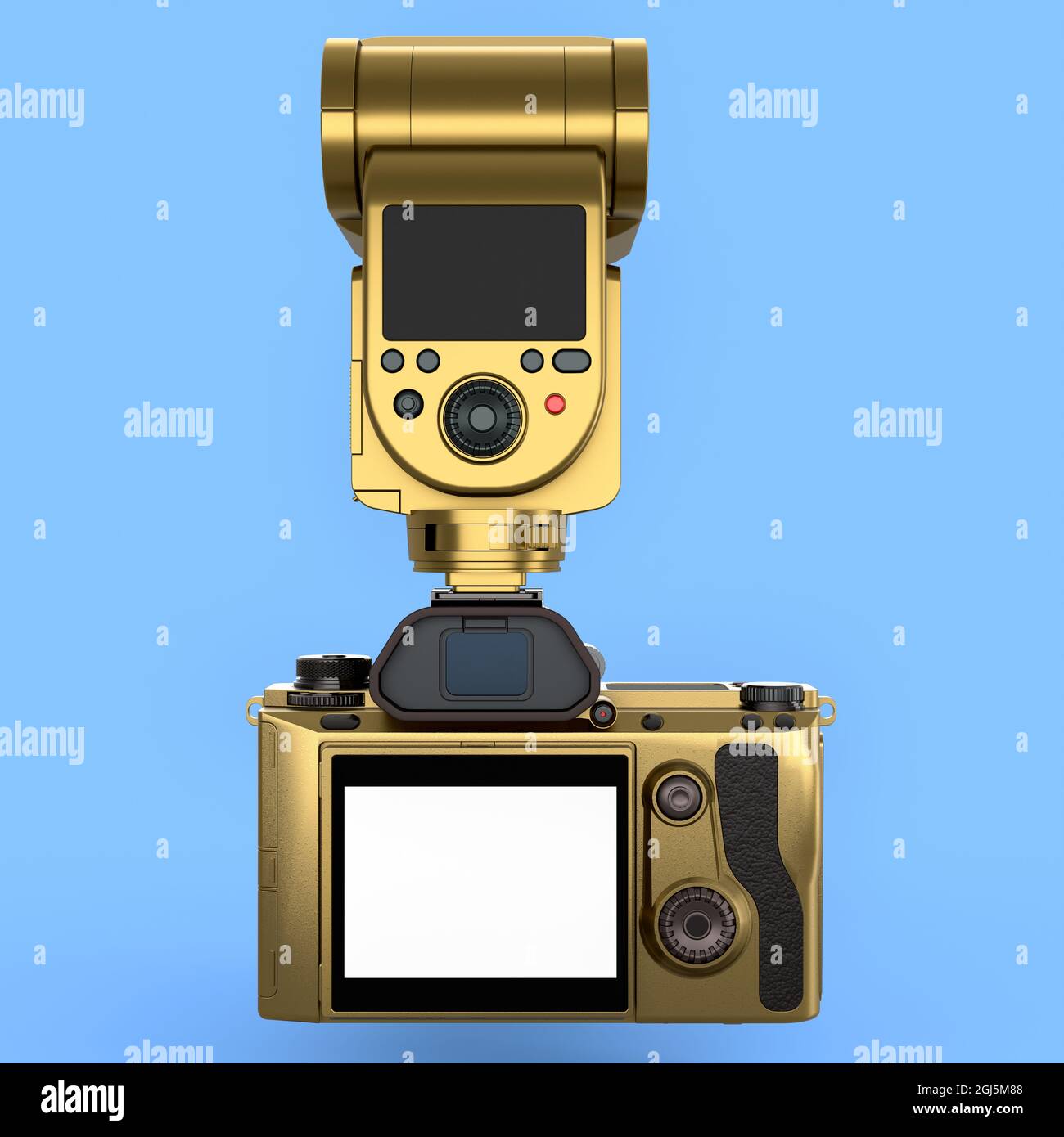 Concetto di inesistente oro DSLR fotocamera con obiettivo e flash esterno speedlight isolato su sfondo blu. Rendering 3D della fotografia professionale Foto Stock