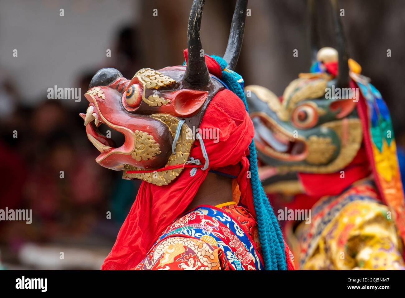 Bhutan, Punakha Dzong. Festival di Punakha Druchen, ballerini mascherati. Foto Stock