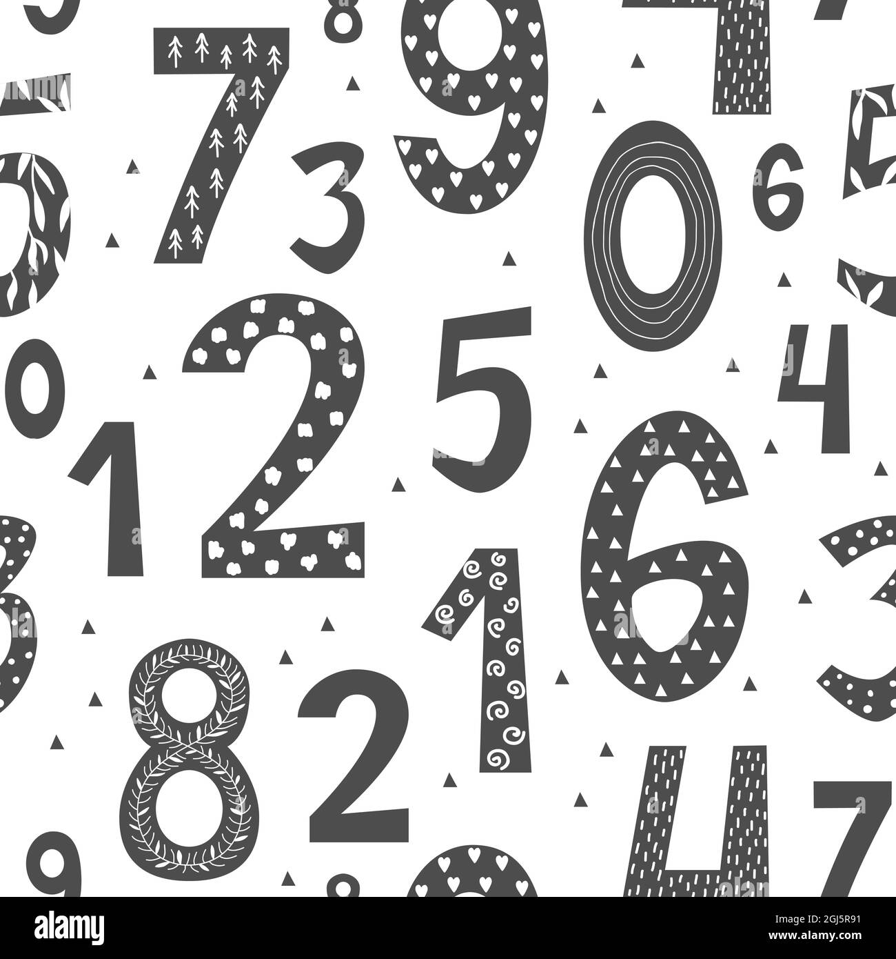 Motivo senza cuciture con numeri disegnati a mano in stile scandinavo. Sfondo vettoriale con numeri pastello colorati su sfondo bianco, asilo bambini Illustrazione Vettoriale
