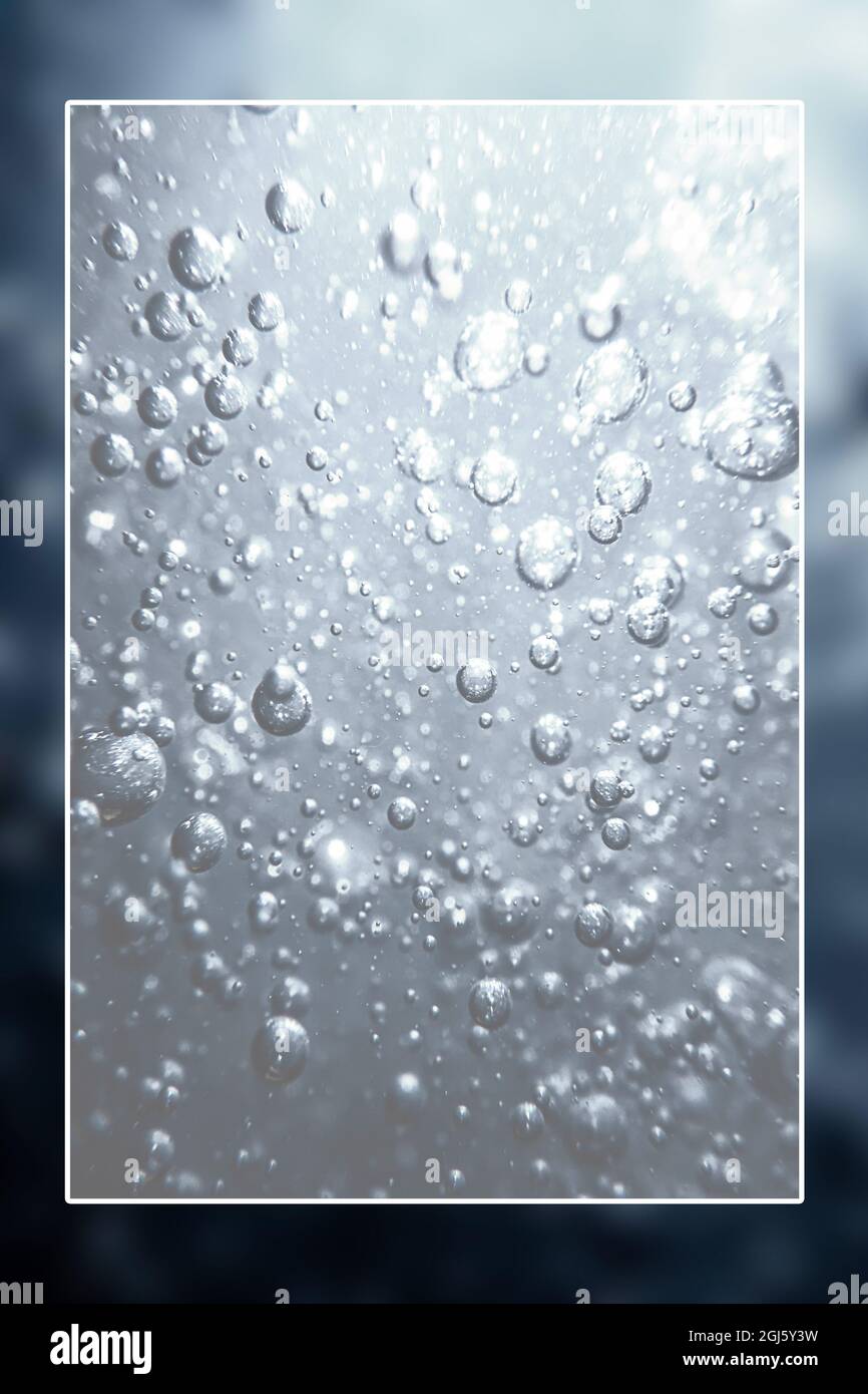 Bolle d'aria, bolle d'acqua sfondo subacqueo casella di testo vuota Foto Stock