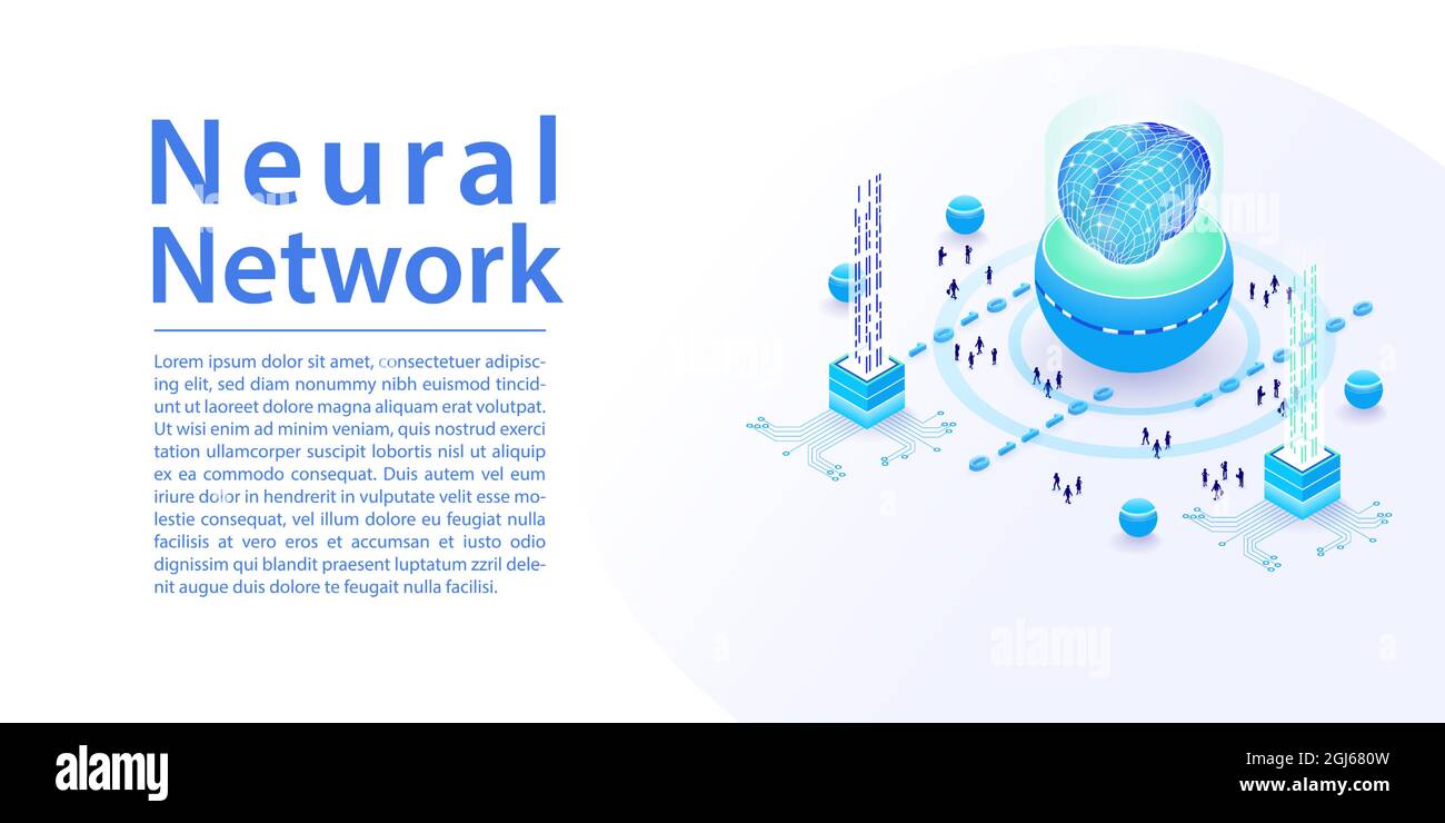 Infografica vettoriale di rete neurale e ai in un ampio layout di banner web. Notebook ed elaborazione dati con icone 3D isometriche. Illustrazione Vettoriale