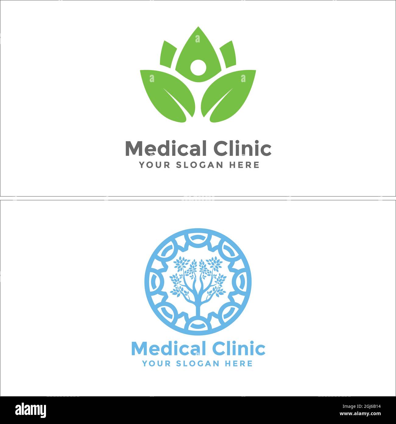 Clinica medica persone foglia albero organico emblema logo design Illustrazione Vettoriale