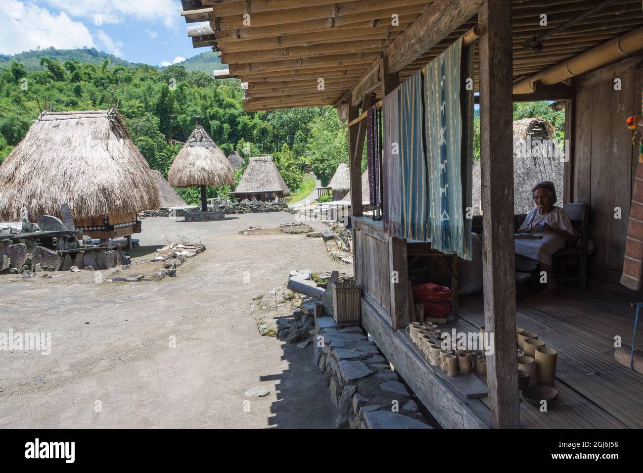 Bhaga, ngadhu e altari megalitici nel centro del villaggio tradizionale Bena sull'isola di Flores, Nusa Tenggare orientale, Indonesia. Foto Stock