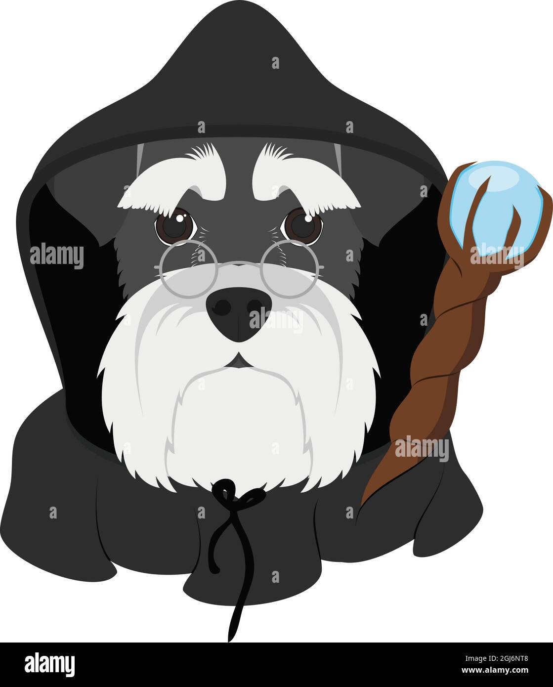 Biglietto di auguri di Halloween. Cane Schnauzer vestito come un mago con cappuccio nero e bacchetta magica Illustrazione Vettoriale