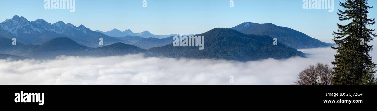 Vista dal Monte Hoernle su un mare di nebbia che nasconde la valle del fiume Ammer verso Fuessen. alpi Bavaresi nei pressi di Unterammergau, nel Werdenfelser Land Foto Stock