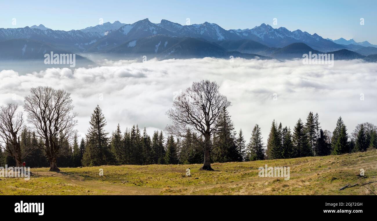 Vista dal Monte Hoernle su un mare di nebbia che nasconde la valle del fiume Ammer verso Fuessen. alpi Bavaresi nei pressi di Unterammergau, nel Werdenfelser Land Foto Stock
