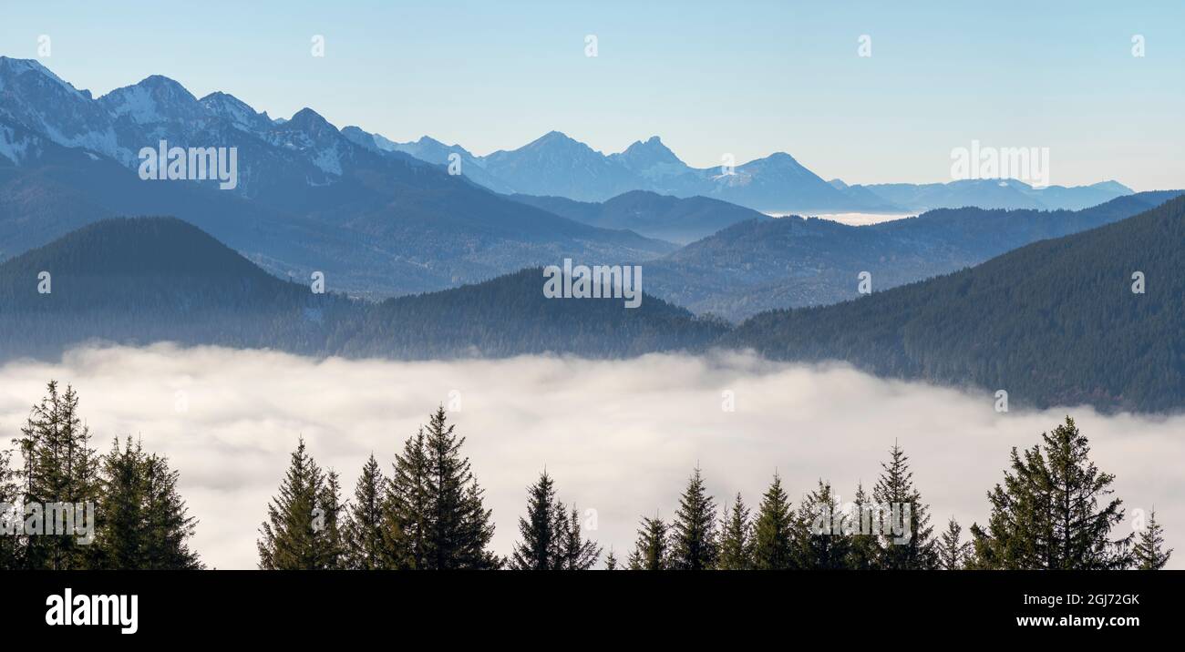 Vista dal Monte Hoernle su un mare di nebbia che nasconde la valle del fiume Ammer verso Fuessen. alpi Bavaresi nei pressi di Unterammergau, nel Werdenfelser Land Foto Stock