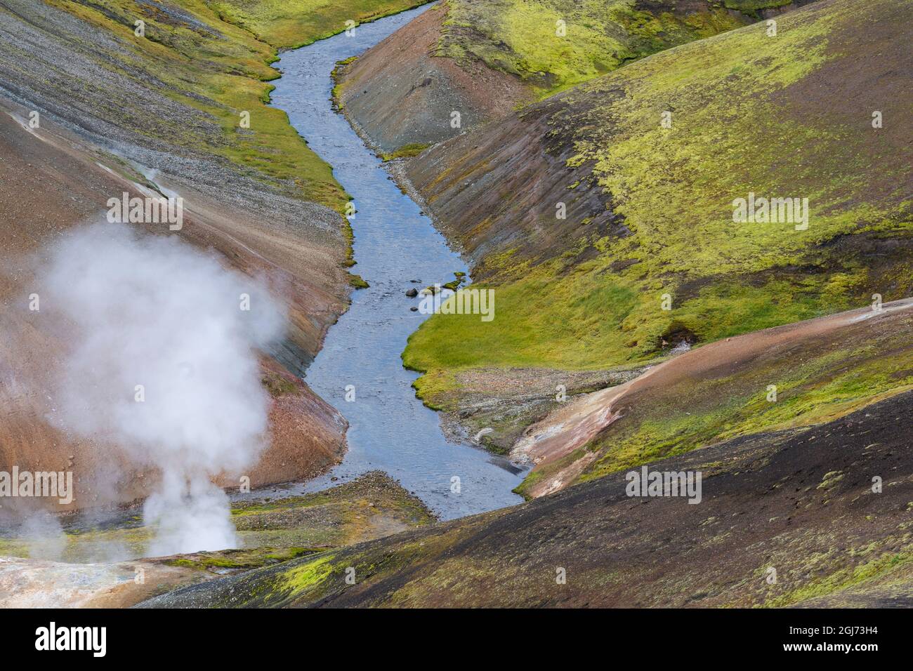 Islanda, riserva naturale di Fjallabak, Landmannalaugar. Un piccolo fiume che scorre attraverso le colline di lava multicolore che sono coperte di muschio verde brillante Foto Stock