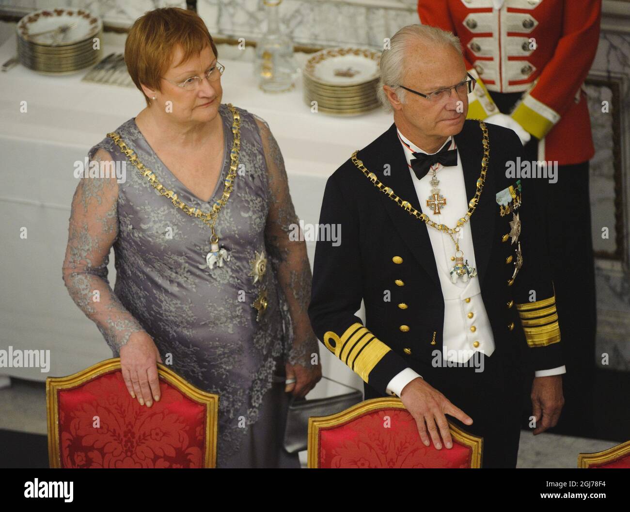 COPENAGHEN 2012-01-15 il presidente della Finlandia Tarja Halonen e il re Carl Gustaf di Svezia al banchetto al Palazzo di Christianborg Domenica. La regina danese Margrethe II festeggia il suo 40° Giubileo questo fine settimana. Foto: Henrik Montgomery / SCANPIX Kod: 10060 Foto Stock