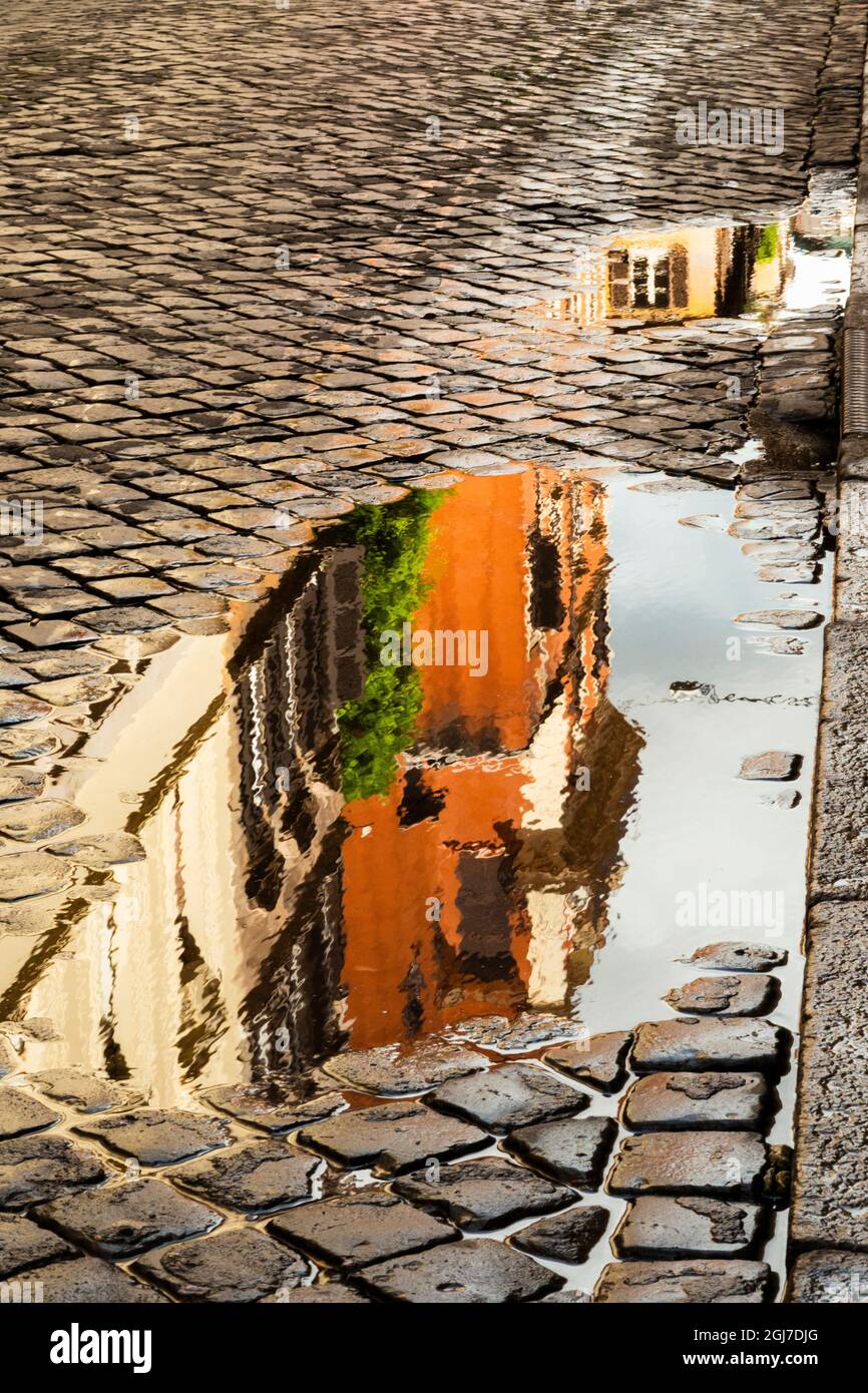 Italia, Roma. Via della penna, strada laterale ovest di via Ripetta, a  pochi isolati sotto Piazza del Popolo con pozzanghere dalla pioggia e  riflessi Foto stock - Alamy