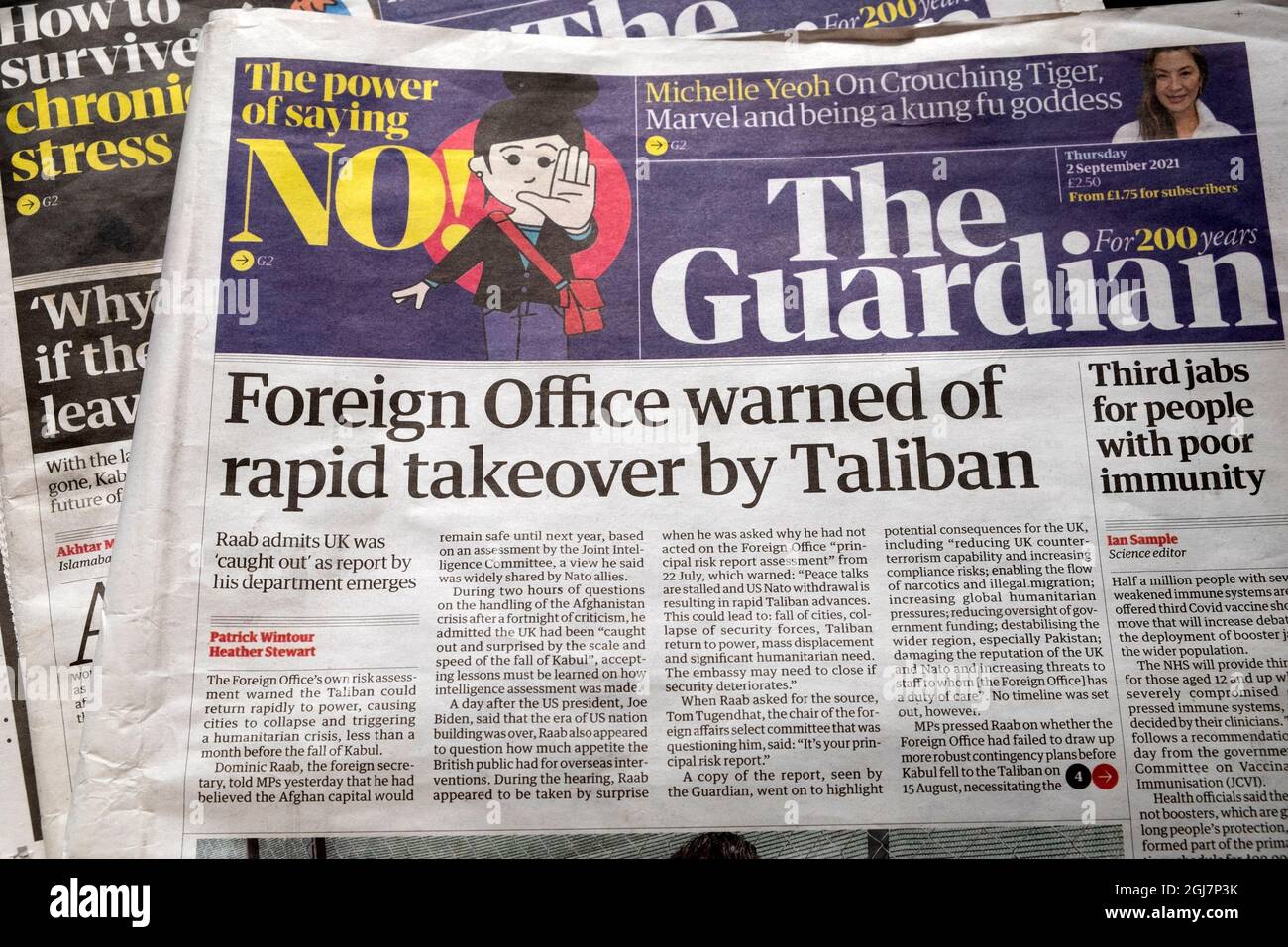 'Foreign Office ha avvertito di rapida acquisizione da parte dei talebani' prima pagina Guardian giornale titolo il 2 settembre 2021 a Londra Inghilterra Regno Unito Foto Stock