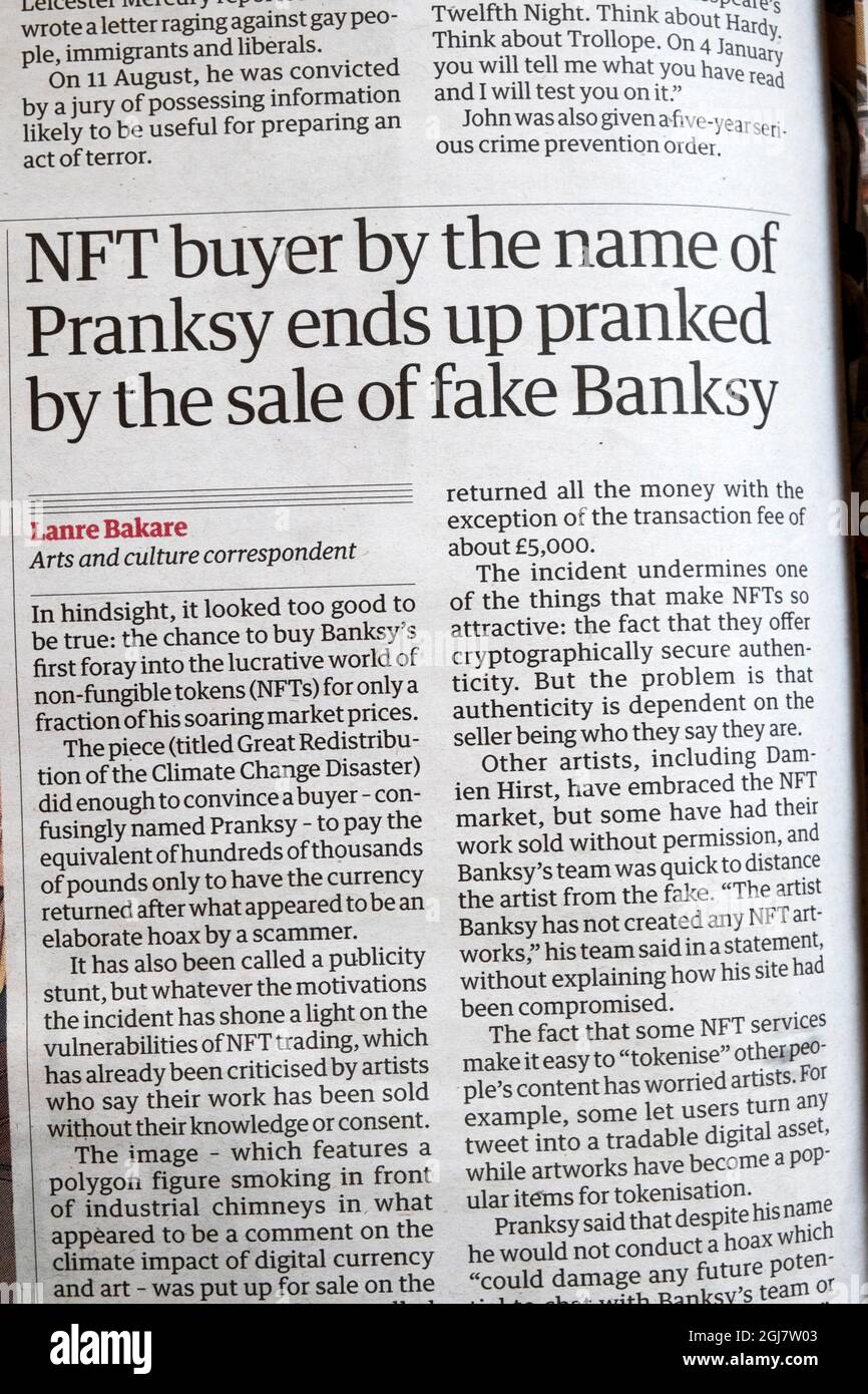 "L'acquirente NFT con il nome di Pranksy finisce per essere afflitto dalla vendita di falso Banksy' articolo di giornale Guardian il 1 settembre 2021 Londra UK Foto Stock