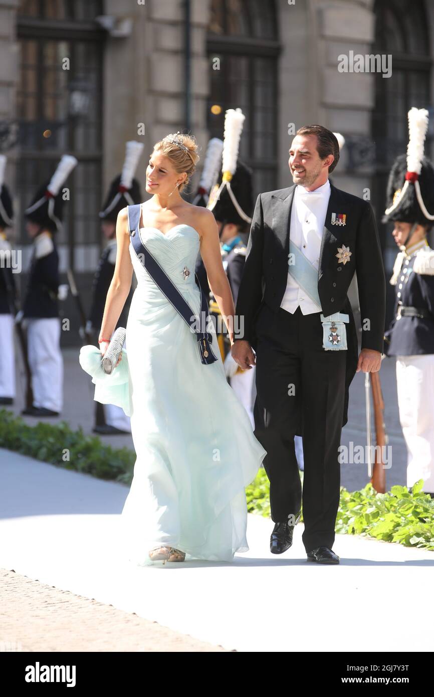 STOCCOLMA 20130608 il principe Nikolaos di Grecia e la principessa Tatiana di Grecia arrivano alle nozze della principessa Madeleine di Svezia e del signor Christopher OÂ Neill tenutesi nella Cappella reale del Palazzo reale di Stoccolma sabato 8 giugno 2013. Foto: Soren Andersson / SCANPIX / kod 1037 Foto Stock