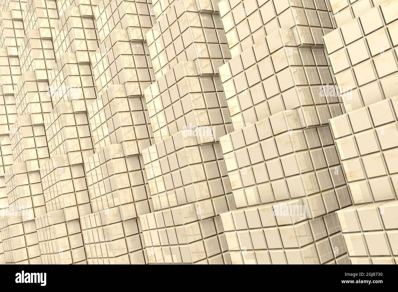 Rendering 3D di molti cubi collegati tra loro e coperti da una gabbia in beige Foto Stock