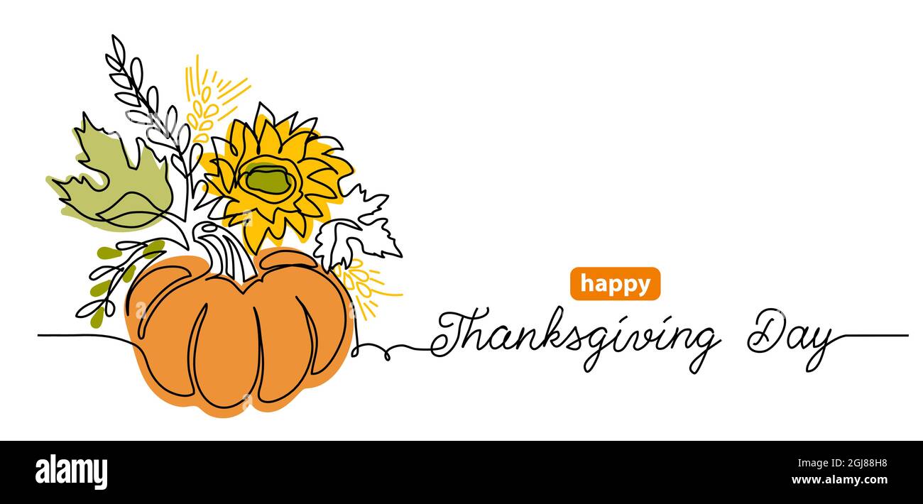 Rendimento di grazie giorno uno sfondo artistico di linea con composizione vegetale di zucca. Semplice vettore che greating sfondo, banner, poster. Linea continua Illustrazione Vettoriale