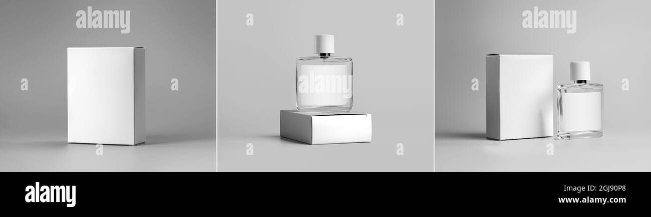 Mockup di una bottiglia di vetro per profumo, con un coperchio, con una scatola bianca, isolato su sfondo. Set per la pubblicità, il design. Modello di fiala trasparente con Foto Stock