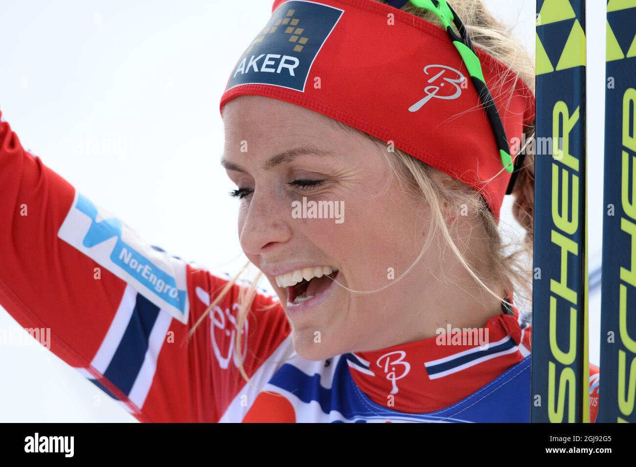 Il norvegese Therese Johaug festeggia la vittoria dopo aver superato il traguardo dell'evento di partenza di massa femminile di 30 km al FIS Nordic Ski World Championships di Falun, Svezia, il 28 febbraio 2015. Foto: Fredrik Sandberg / TT / code 10080 Foto Stock