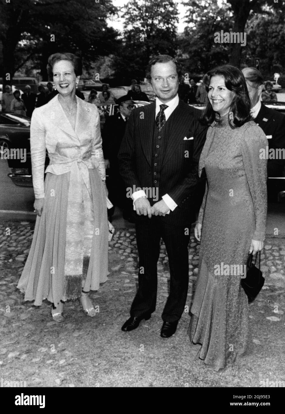STOCCOLMA 1985-09-05 la regina Margrethe II di Danimarca è vista insieme al re Carl XVI Gustaf e alla regina Silvia di Svezia durante la visita di Stato danese in Svezia il 5 settembre 1985. Foto: Anders Holmstrom /TT Kod: 50100 Foto Stock