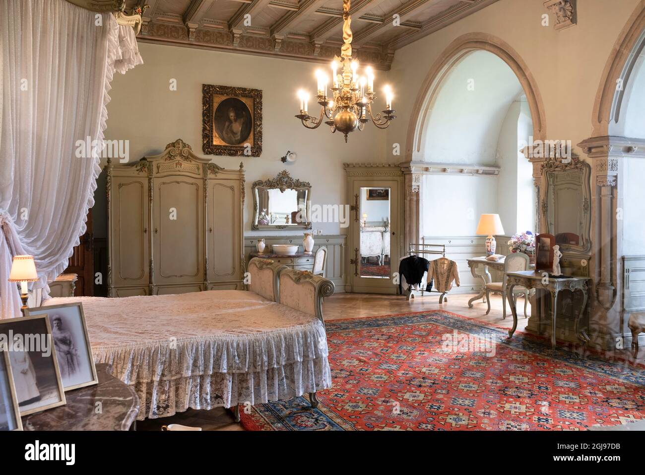 La camera da letto al Castello di Bentheim a Bad Bentheim in stile neo-rococò era riservata agli ospiti importanti, in particolare la regina olandese Emma Foto Stock
