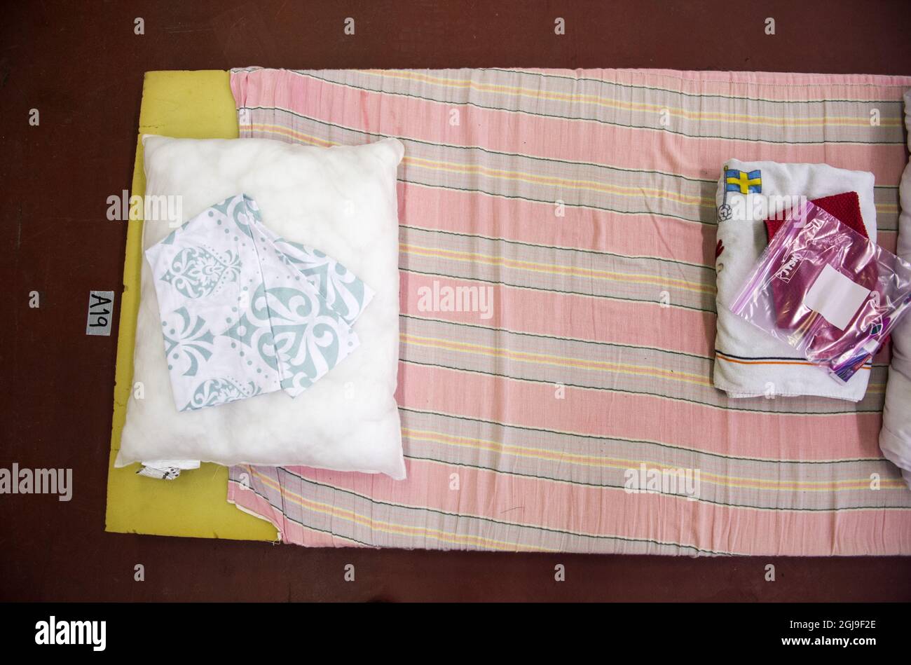 I materassi SUNDBYBERG 2015-10-07 sono visti in un centro di accoglienza per i rifugiati a Sundbyberg, Stoccolma del Nord, Svezia 8 ottobre 2015. Foto: Pontus Lundahl / TT / kod 10050 Foto Stock