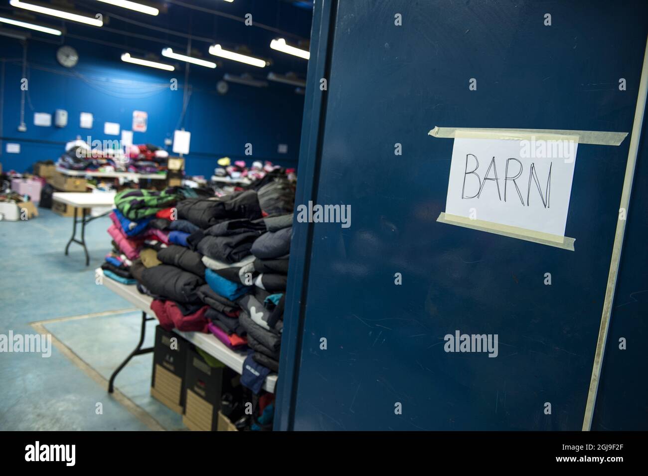SUNDBYBERG 2015-10-07 un cartello che dice 'Bambini' è visto in un centro di accoglienza per i rifugiati a Sundbyberg, North Stockholm, Sweden Octbber 8, 2015. Foto: Pontus Lundahl / TT / kod 10050 Foto Stock