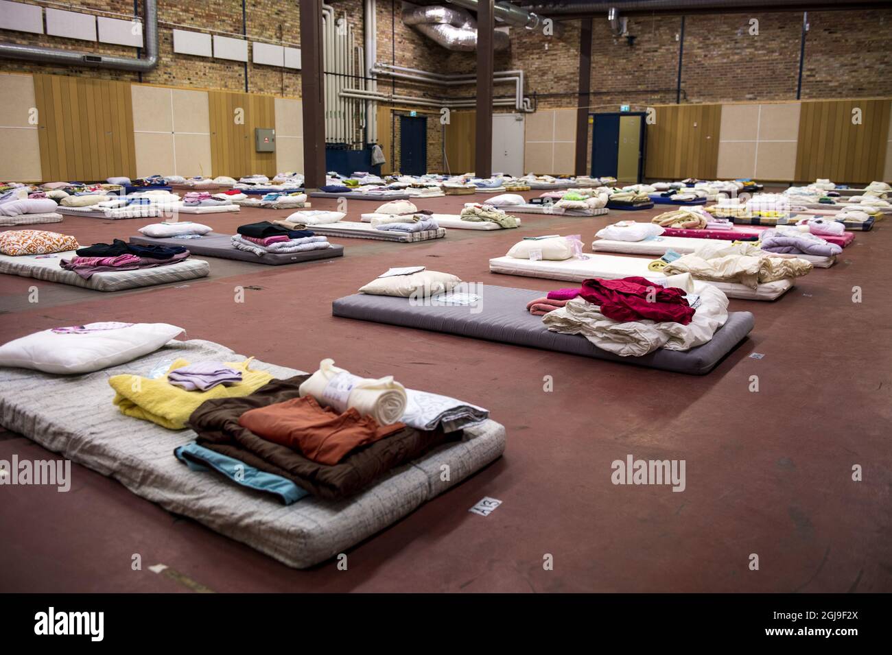 I materassi SUNDBYBERG 2015-10-07 sono visti in un centro di accoglienza per i rifugiati a Sundbyberg, Stoccolma del Nord, Svezia 8 ottobre 2015. Foto: Pontus Lundahl / TT / kod 10050 Foto Stock