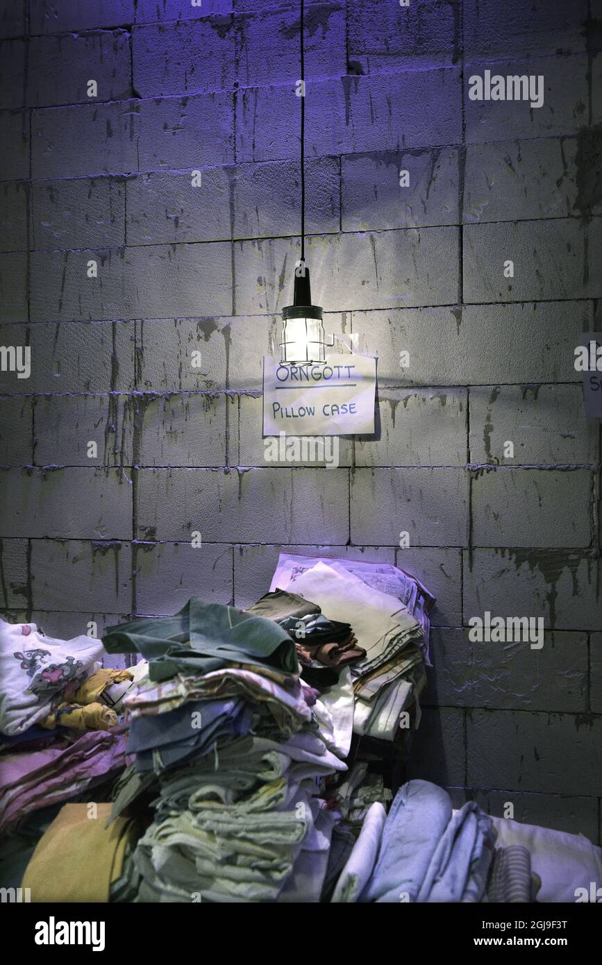 STOCCOLMA 20151008 fotodata 20150923 una fornitura di federe è vista in una stazione di transito per i rifugiati nella sede di un club musicale a Stoccolma, Svezia, 23 settembre 2015. Foto: Anders Wiklund / TT / Kod 10040 Foto Stock