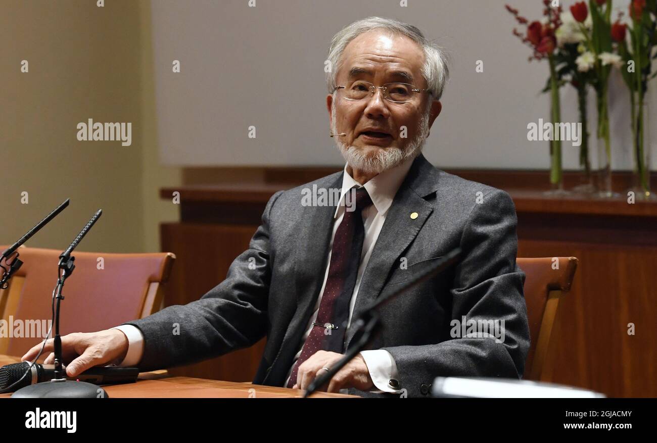 STOCCOLMA 2016-12-07 Nobelpristagaren i medicin Yoshinori Ohsumi frÃƒÂ ¥ n Japan vidd onsdagens presskonferens pÃƒÂ€ Karolinska Institutet i Solna. Foto: Henrik Montgomery / TT / kod 10060 Foto Stock