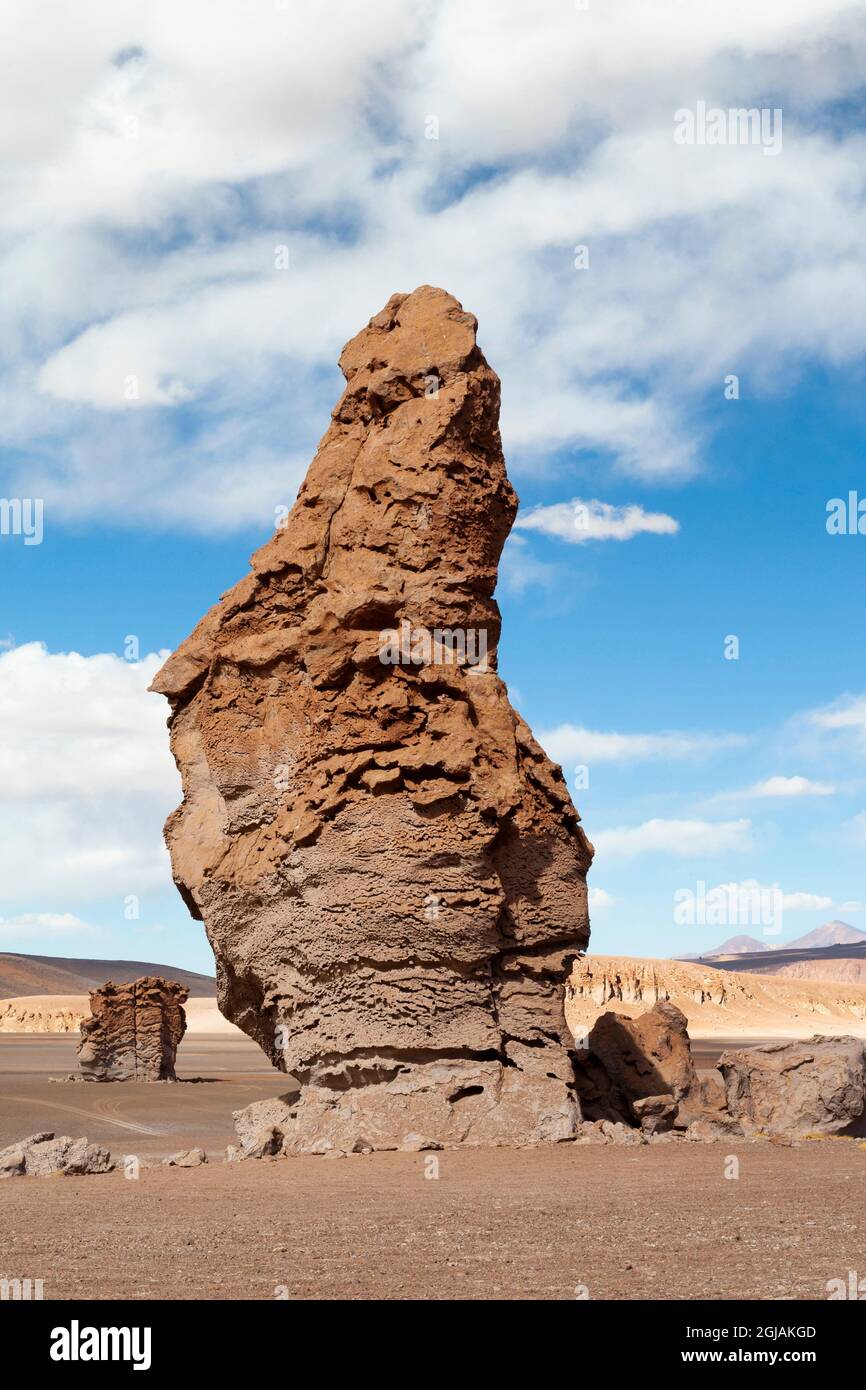 Cile, deserto di Atacama, Riserva Nazionale Los Flamencos. Le strutture vulcaniche erose chiamate i Guardiani Pacana punteggiano il paesaggio. Foto Stock