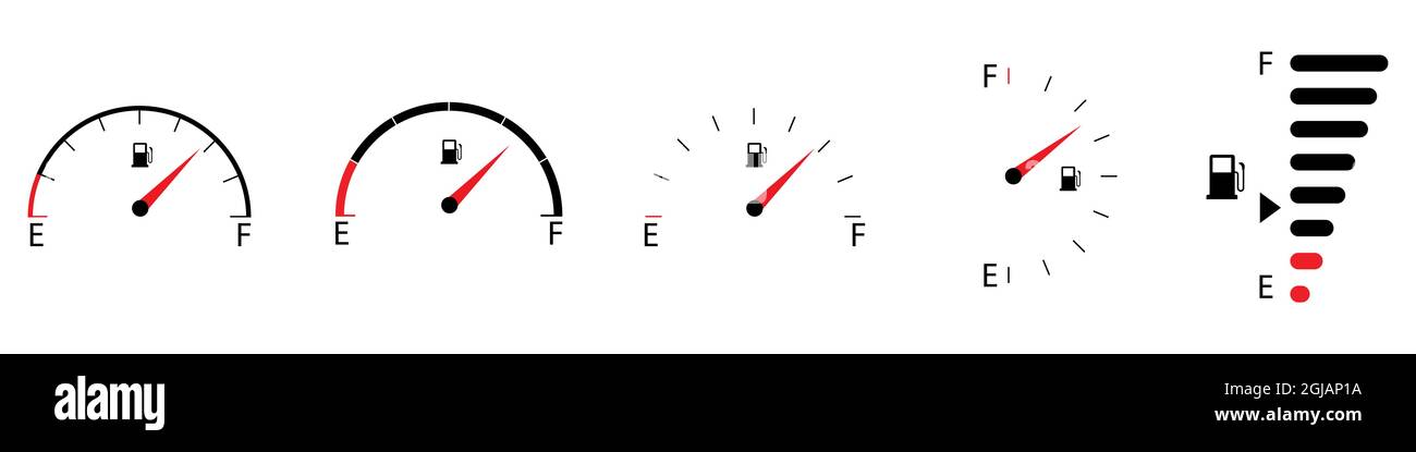 Indicatore livello carburante. Set di icone indicatore livello carburante pieno. Serbatoio del gas. Illustrazione Vettoriale