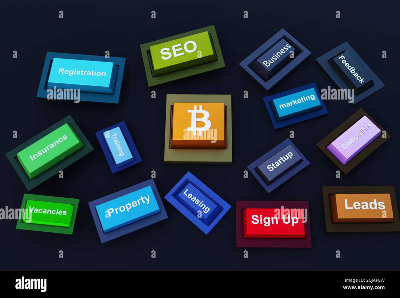 Pulsante nuovi social media 3D con rendering e tendenze di mercato correnti. Posti di lavoro di concetto futuro sfondo Foto Stock