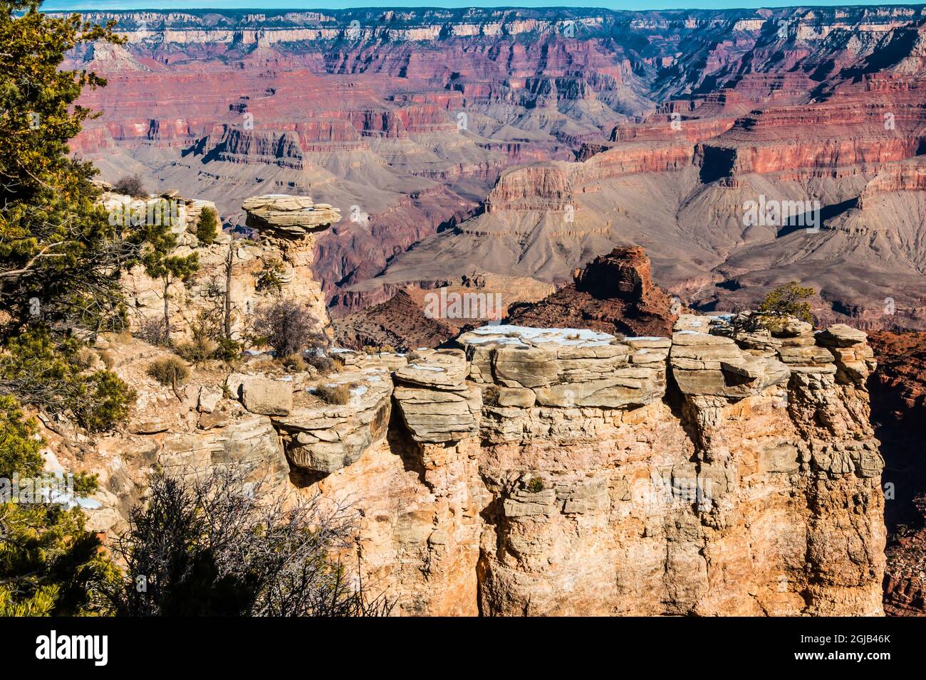 Le colonne di calcare di Kaibab a Mather Point sul South Rim, il Parco Nazionale del Grand Canyon, Arizona, Stati Uniti Foto Stock