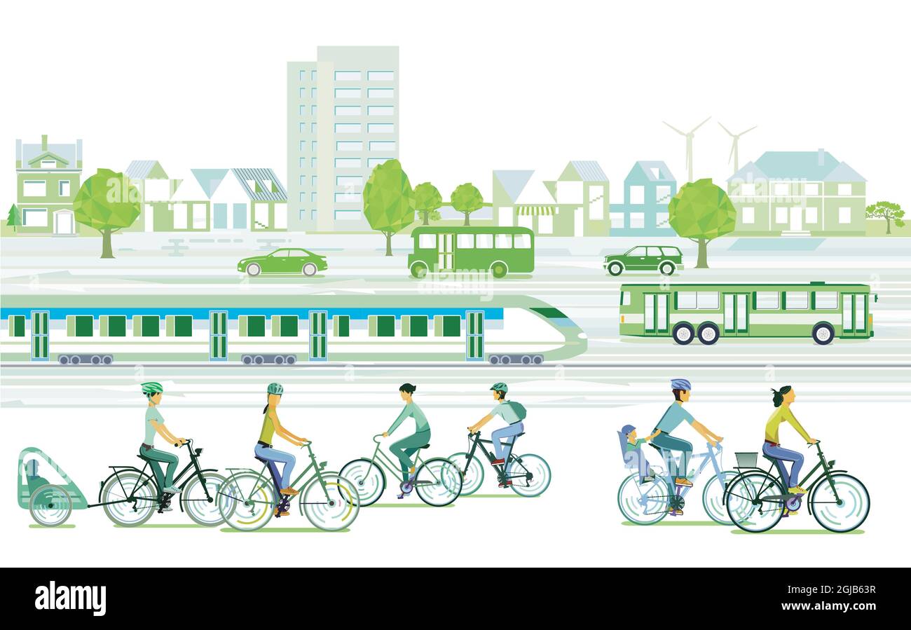 Città ecologica con ciclisti e treno passeggeri Illustrazione Vettoriale