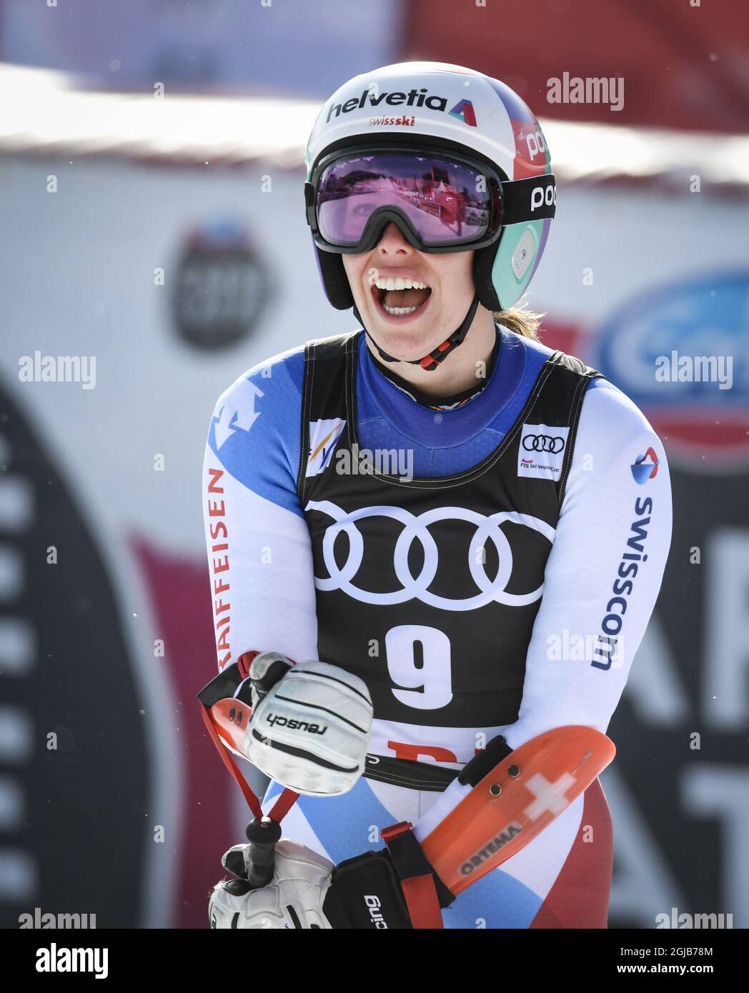 Michelle Gisin, Svizzera, reagisce dopo la gara finale femminile Super G alla FIS Alpine Ski World Cup di are, Svezia, il 15 marzo 2018. Poto: Anders Wiklund / TT 10040 Foto Stock