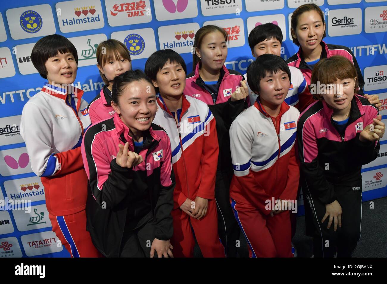 La Corea del Nord e la Corea del Sud si sarebbero incontrate durante la finale quater al World Team Table Tennis Championships 2018 all'Halmstad Arena di Halmstad, Svezia 3 maggio 2018. Ma le partite sono state cancellate dopo che i contries hanno deciso di giocare insieme nelle semifinali. Foto: Jonas Ekstromer / TT Kod 10030 Foto Stock