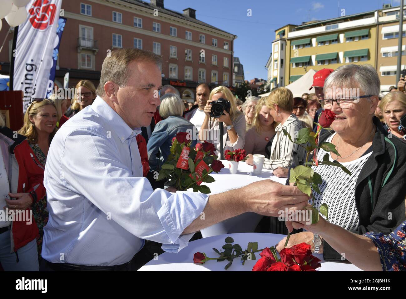Stefan Lofven, leader del Partito socialdemocratico in un raduno elettorale a Linkoping, Svezia, 8 settembre 2018. Foto: Anders Wiklund / TT / kod 10040 Foto Stock