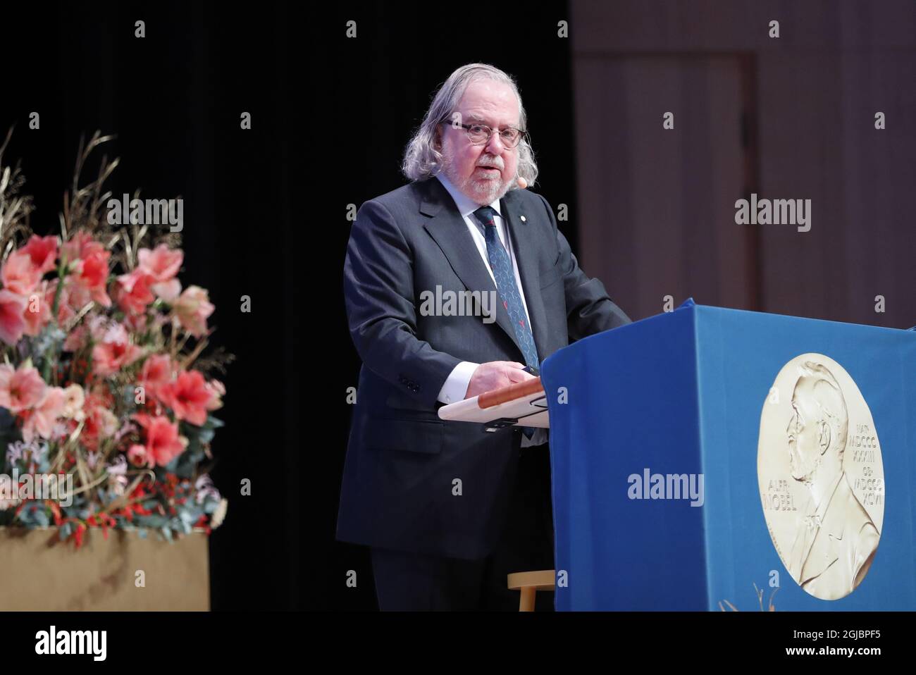 Il premio Nobel per la Fisiologia o la Medicina James P. Allison è stato visto durante la sua conferenza Nobel “blocco del Checkpoint immunitario nella terapia del cancro: Nuove prospettive, opportunità e prospettive per le cure” presso il Karolinska Institutet di Solna, Stoccolma, Svezia, 7 dicembre 2018. Foto: Christine Olsson / TT / kod 10430 Foto Stock